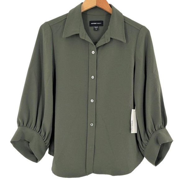 NEW/NWT Fifteen Twenty Olive Green Balloon Sleeve Button Front Shirt Size Medium - Picture 1 of 5
